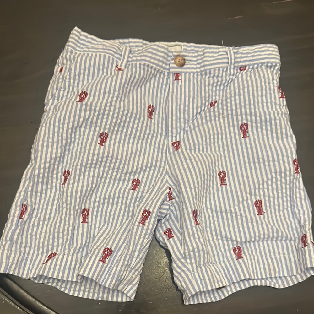 Blue and White Striped Shorts with Red Lobster Print